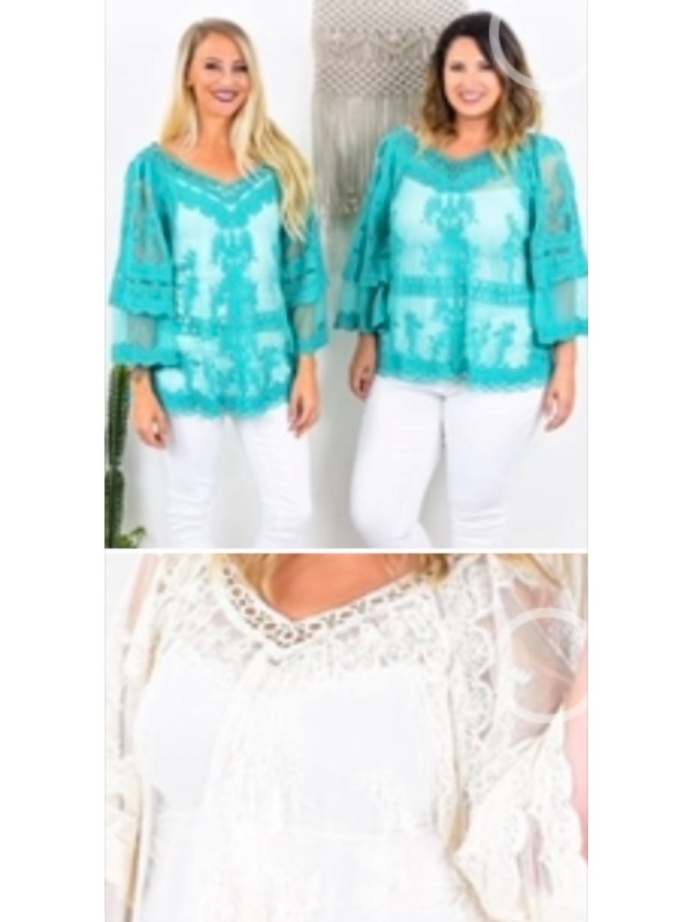 Lace Overlay V-Neck Blouse - Turquoise 1xl